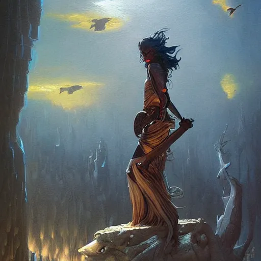 Prompt: fantasy painting with a woman in a surreal environment by Greg Rutkowski and Michael Whelan w 1024