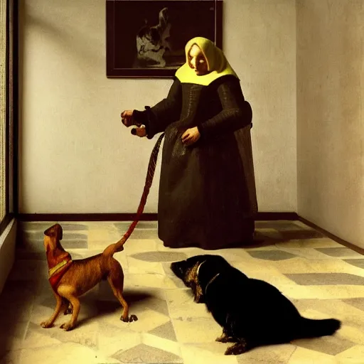 Image similar to dog feeding his pet human, an ultra high definition professional studio quality photograph, trending on artstation, vermeer.