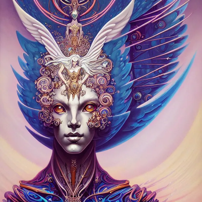 Image similar to stylized painting of an psychedelic angelic celestial being mythical creature by peter mohrbacher, by philippe druillet trending on artstation, winged head, white gold skin, sacred geometry, esoteric art