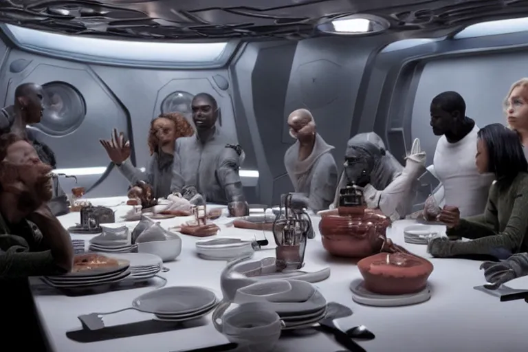 Image similar to movie closeup diverse interracial small team of European sci-fi futuristic space explorers talking at the table in a spaceship kitchen, beautiful skin, Symmetrical faces. Beautiful lighting by Emmanuel Lubezki