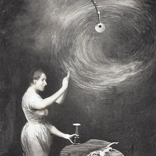 Image similar to A installation art. A rip in spacetime. Did this device in her hand open a portal to another dimension or reality?! optical illusion, Pixabay by Edward Julius Detmold, by John Constable terrifying, churning