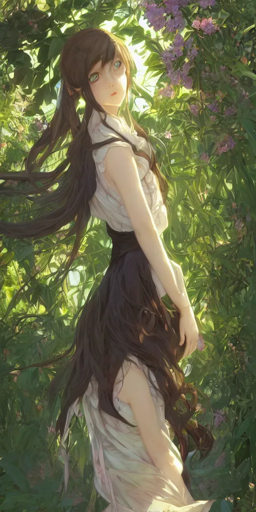 Prompt: a digital art of a loli with long hair in a dark colour dress in the privet garden at after noon, green and warm theme, back lighting, by krenz cushart and mucha and akihito yoshida and greg rutkowski and makoto shinkai, extremely long shot, detailed eyes, 4 k resolution, trending on art station