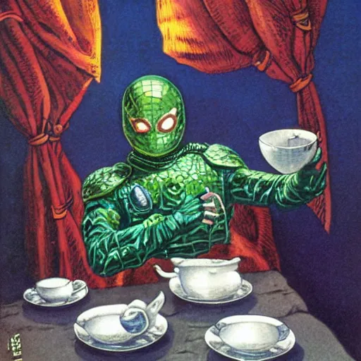 Image similar to Mysterio drinking tea, artwork by Earl Norem,