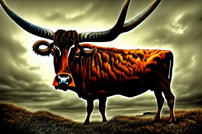 Prompt: a surreal panting of a longhorn steer on a bluff in texas, in the style of h. r. giger, digital painting, extremely moody, highly detailed, sharp focus, illustration, key visual, unreal engine