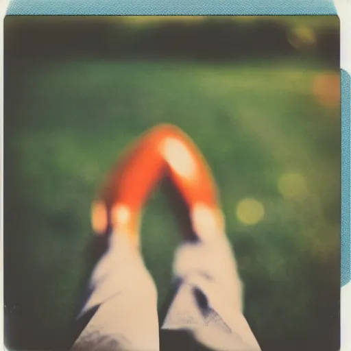 Image similar to polaroid photo of cone with human legs, bokeh