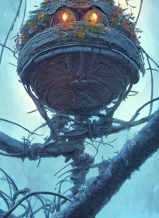 Prompt: crows nest like a head wreath, cruelty, black crows, light effect, hyper detailed, intricate, elegant, highly detailed, digital painting, artstation, concept art, matte, sharp focus, illustration, by dan mumford, yusuke murata, makoto shinkai, ross tran