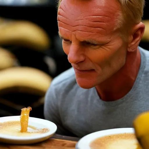 Image similar to sting the singer eating a banana creme brule ( dont ask )