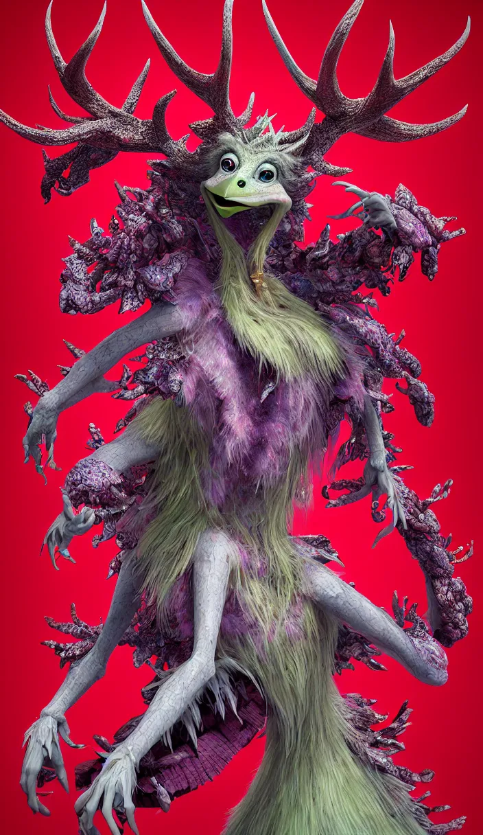 Image similar to hyper detailed 3d render like a Oil painting - kawaii full body portrait Aurora (a beautiful skeksis queen from dark crystal that looks like Anya Taylor-Joy with hooves and antlers) seen red carpet photoshoot in UVIVF posing in scaly dress to Eat of the Strangling network of yellowcake aerochrome and milky Fruit and His delicate Hands hold of gossamer polyp blossoms bring iridescent fungal flowers whose spores black the foolish stars by Jacek Yerka, Ilya Kuvshinov, Mariusz Lewandowski, Houdini algorithmic generative render, Abstract brush strokes, Masterpiece, Edward Hopper and James Gilleard, Zdzislaw Beksinski, Mark Ryden, Wolfgang Lettl, hints of Yayoi Kasuma, octane render, 8k