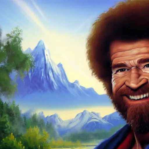 Image similar to a closeup photorealistic photograph of bob ross working on a canvas painting of spiderman. film still. brightly lit scene. mountains and trees. this 4 k hd image is trending on artstation, featured on behance, well - rendered, extra crisp, features intricate detail, epic composition and the style of unreal engine.