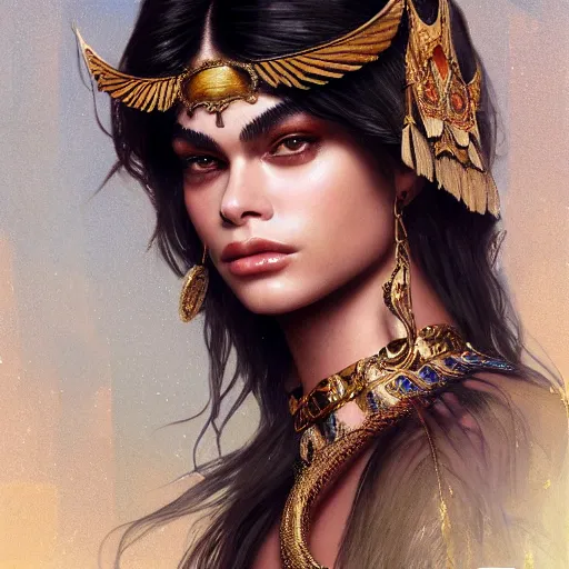 Image similar to Kaia Gerber as Cleopatra, intricate, elegant, highly detailed, digital painting, artstation, concept art, smooth, sharp focus, illustration, art by artgerm and greg rutkowski and alphonse mucha