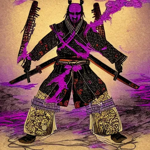 Image similar to a samurai standing in the purple abyss, rot, blood, dark, bloodborne, night, hopeless, highly detailed, intricate background