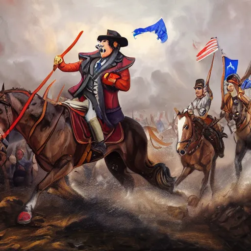 Prompt: Gideon Gleeful gravity falls leading a cavalry charge, oil painting, realistic, 4K, painting, dramatic, historical