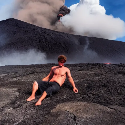 Image similar to man in a swimsuit sunbathing under an umbrella on a volcano with magma eruptions and lava flowing, steam and smoke from smoldering rocks