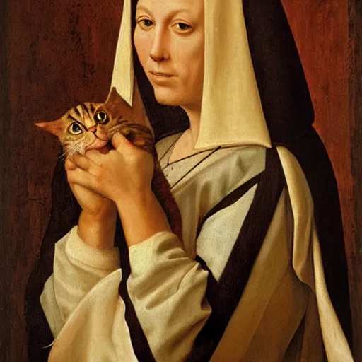 Image similar to Renaissance portrait painting of a cat nun