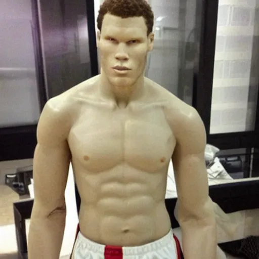 Image similar to “a realistic detailed photo of a guy who is an attractive humanoid who is half robot and half humanoid, who is a male android, basketball player Blake Griffin, shiny skin, posing like a statue, blank stare”