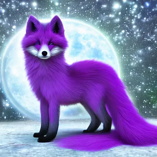 Image similar to a purple fox with a long fluffy and shiny coat sits in the forest on a ufo flying saucer. super realistic photo. clear details