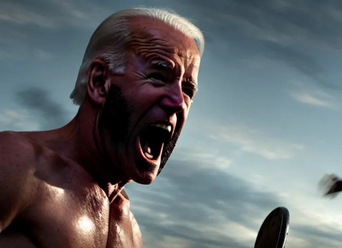 Prompt: cinematic film still of joe biden as leonidas shouting in 3 0 0 movie, 8 k, epic moody sky, dramatic lighting