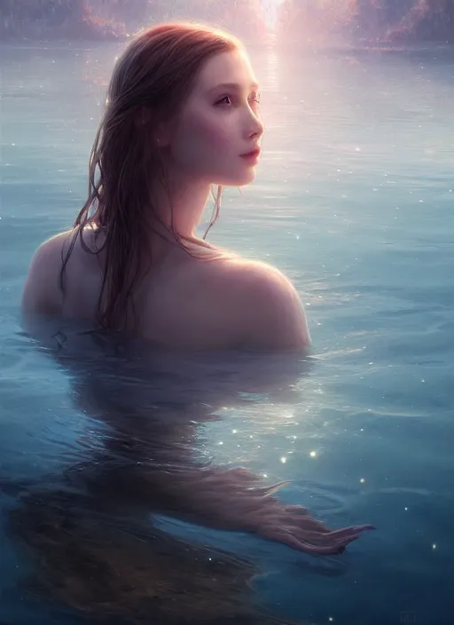 Prompt: pretty portrait of a fantasy lady in a magical lake, half submerged in water, highly detailed, digital painting, artstation, night scene, wlop concept art, smooth, sharp focus, illustration, art by artgerm and greg rutkowski, 8 k