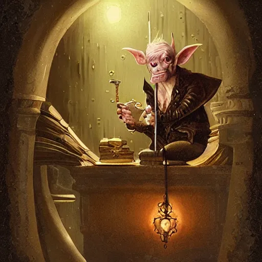 Image similar to goblin from gringotts counting gold by tom bagshaw and tad nasmith