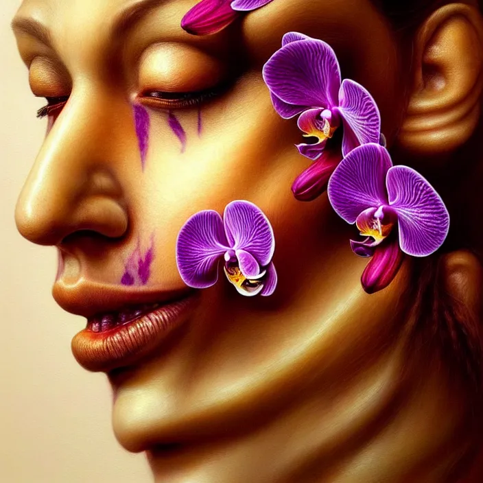 Image similar to face made of orchid, diffuse lighting, fantasy, intricate, elegant, highly detailed, lifelike, photorealistic, digital painting, artstation, illustration, concept art, smooth, sharp focus, art by Giuseppe Arcimboldo