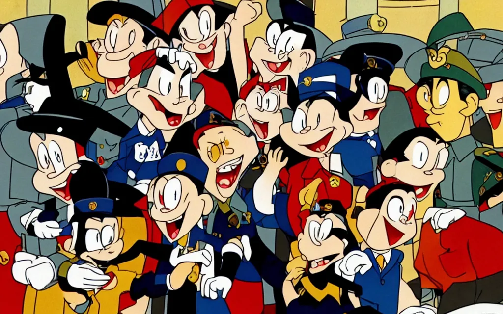 Image similar to episode of animaniacs where yakko wakko and dot Warner torment adolf hitler, cartoon animaniacs in world war 2 era Germany where they bounce on Hitler's head, Hitler is crying, streaming on hulu, high quality upload, Steven spielberg Warner bros animation