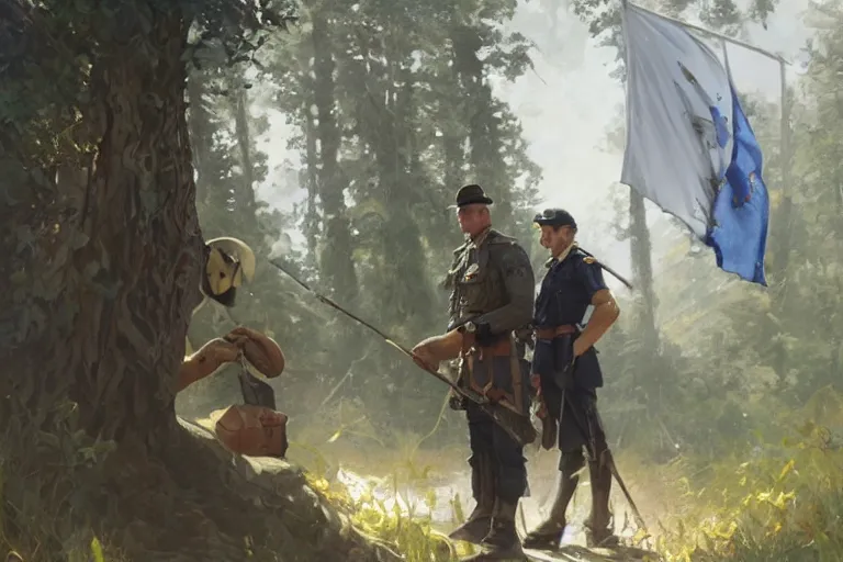 Prompt: border guards surprised to discover eu flag behind the trees, realistic painting, symmetrical, highly detailed, digital painting, artstation, concept art, smooth, sharp focus, illustration, cinematic lighting, art by artgerm and greg rutkowski and alphonse mucha