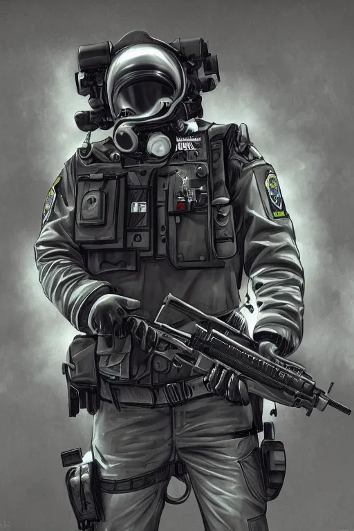 Image similar to police hazmat, highly detailed, digital art, sharp focus, trending on art station