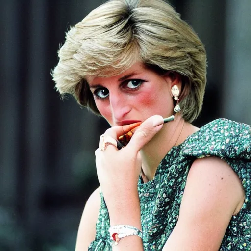 Prompt: a highly detailed beautiful portrait of princess diana smoking a bong