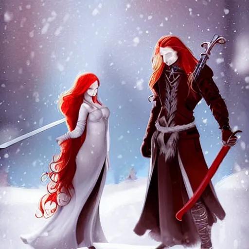 Image similar to A woman and a man are standing in the snow, the woman is leaning against the man, the man has long red hair, the woman has blonde long hair, the man has a red thick sword, the woman has a thin, long sword, a tree almost fully covered in bulky snow, concept art by Fabien Charuau, trending on pixiv, fantasy art, official art, wiccan, concept art, 4k, sharp details