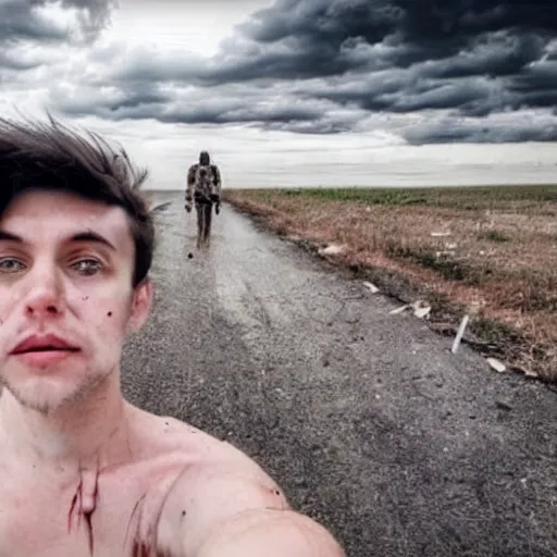 Image similar to a human taking the last selfie in existence with an apocalyptic background and horror in their eyes