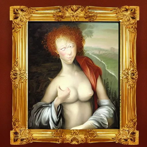 Image similar to renaissance oil painting, rococo, manga skinny creepy female painting like a mad woman