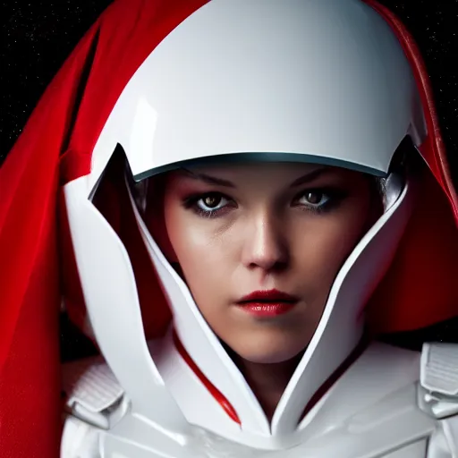 Prompt: headshot of an beautiful female soldier in glossy sleek white armor with tiny red details and a long red cape, downward angle, determined expression, on the surface of mars, night time, dramatic lighting, cinematic, sci-fi, hyperrealistic