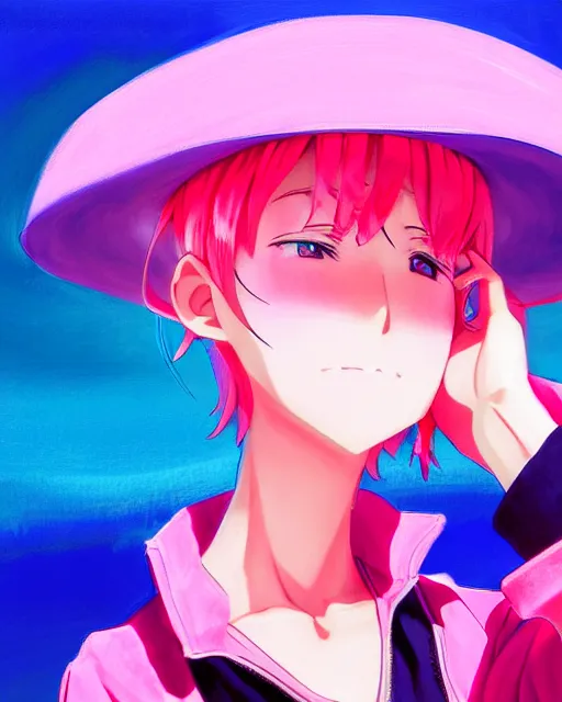 Prompt: anime style, vivid, expressive, full body, 4 k, painting, a cute magical girl with a short pink hair, pink fedora hat and pink jacket, stunning, realistic light and shadow effects, centered, simple background, studio ghibly makoto shinkai yuji yamaguchi