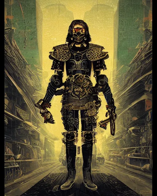 Image similar to a cyberpunk spanish conquistador wearing ornate armor in battle, art by nicola saviori, symmetric, handsome, golden ratio, jungle