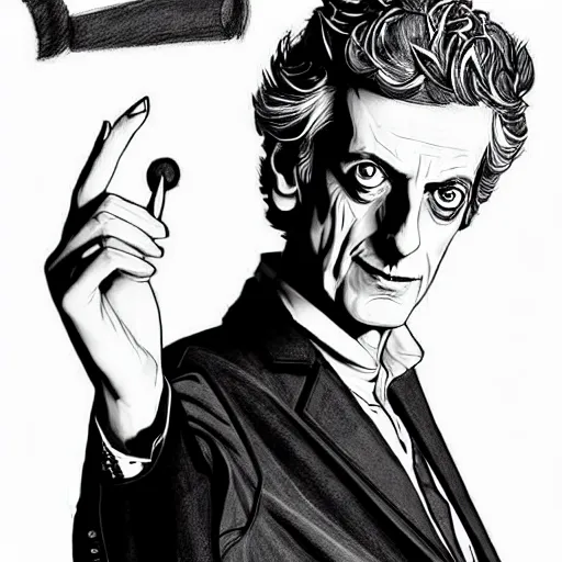 Prompt: Peter Capaldi in a scene from Pokemon, artstation, concept art, sharp focus, illustration in pen an ink, black and white, art by Masashi Tanaka