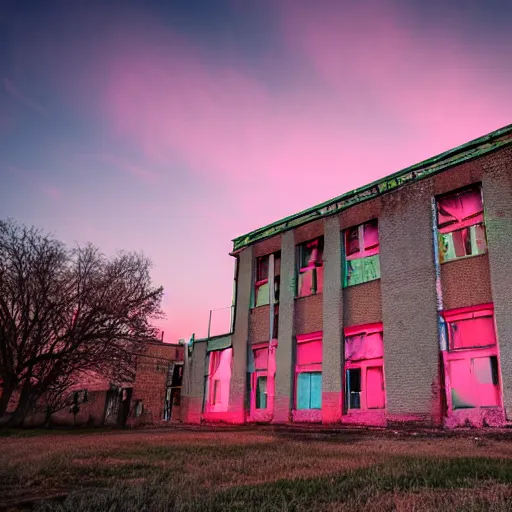 Image similar to an abandonned school at sunset, neon style