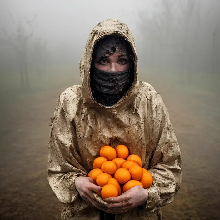 Prompt: a closeup portrait of a woman wearing a hood made of muddy hazmat hood, picking oranges from a tree in an orchard, foggy, moody, photograph, by vincent desiderio, canon eos c 3 0 0, ƒ 1. 8, 3 5 mm, 8 k, medium - format print