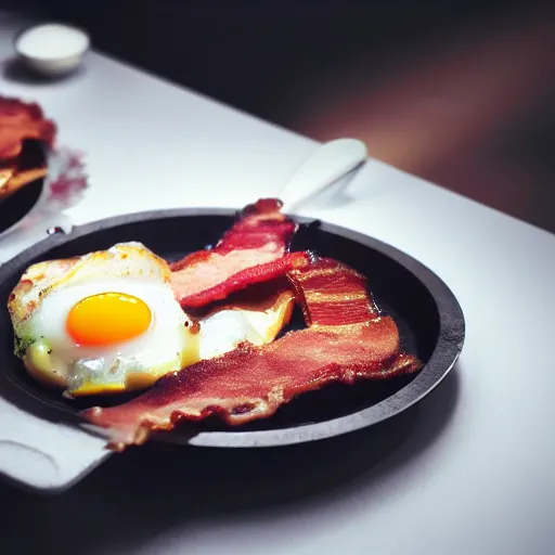 Prompt: cyberpunk bacon and eggs in pan, closeup, close angle, dramatic lighting