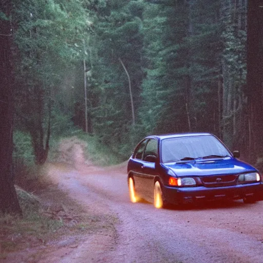 Prompt: Blue 1999 Subaru WRX driving down dirt road composition twilight glowing red taillights cinematic movie still