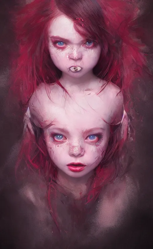 Image similar to insanely detailed full body 3 d portrait of girl with pouty aerochrome ( ( ( lips ) ) ), powerful, adorable, expressive eyes, big evil grin, kawaii playful pose of a dancer, greg rutkowski, charlie bowater, yuumei, stephen gammell, unreal 5, daz, hyperrealistic, dark, dynamic lighting, fantasy art, beautiful face