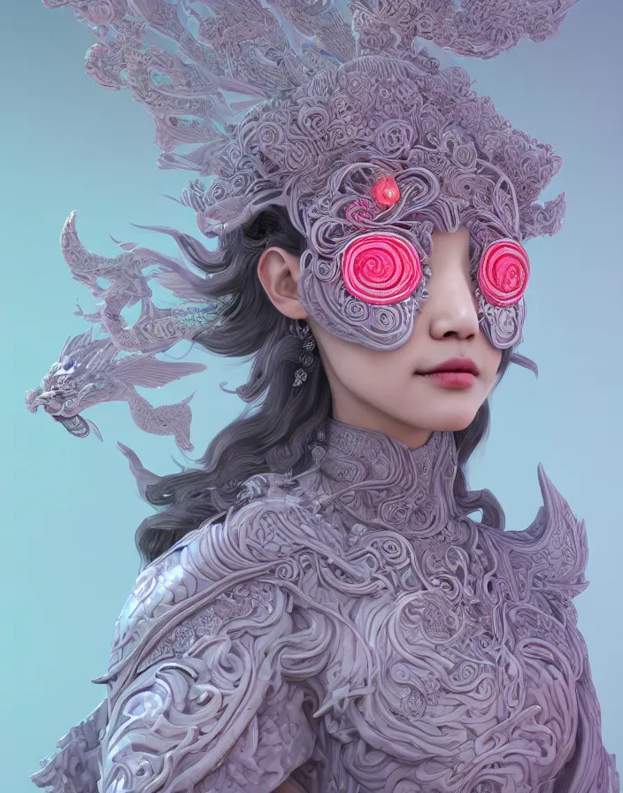 Image similar to 3 d goddess medium shot profile portrait. beautiful intricate highly detailed korean gumiho mask and traditional korean hanbok. stingray, magpie, stingray, magpie, bioluminescent, plasma, lava, ice, water, wind, creature, fog, artwork by tooth wu and wlop and beeple and greg rutkowski, 8 k trending on artstation,