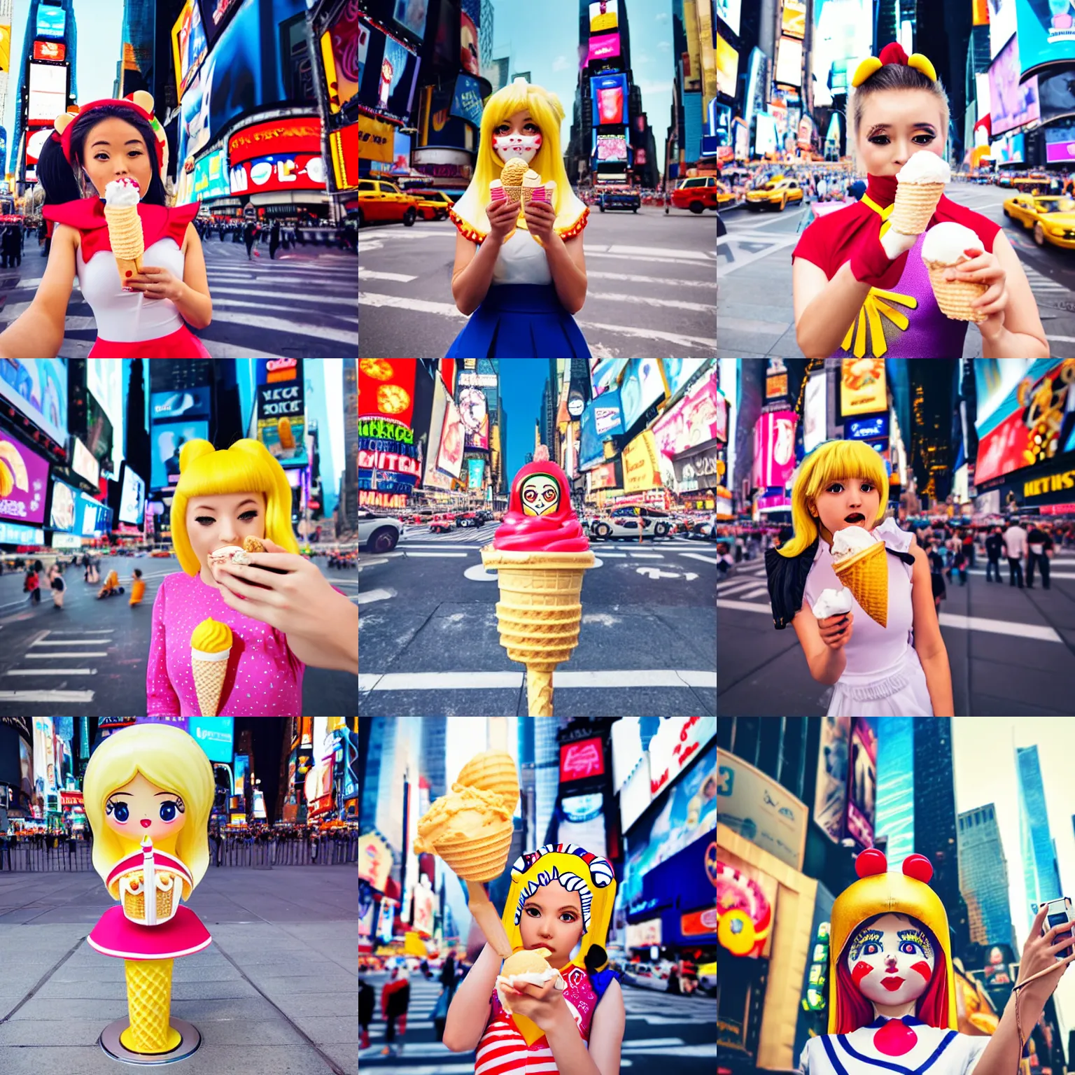 Prompt: Beautiful Matryoshka in Sailor Moon costume eating an ice-cream cone, standing for a selfie, New York Time Square, high detail, ultra-realistic