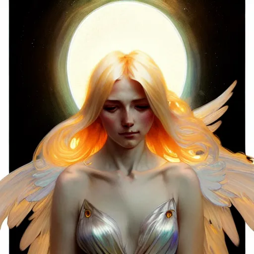 Image similar to Winged girl seraphim with blonde hair and glowing halo, iridescent, fantasy, intricate, elegant, highly detailed, digital painting, artstation, concept art, smooth, sharp focus, illustration, art by Krenz Cushart and Artem Demura and alphonse mucha