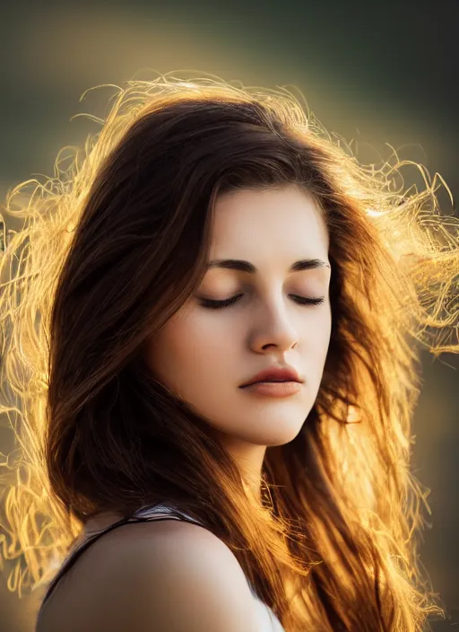 Prompt: a very beautiful still of a beautiful brown - haired woman with her head leaning backwards, golden ray of light across her face, eyes closed, front shot, close - up, hyper detailed, high contrast, bokeh background, realistic, digital art by irak linadar, sharp focus, golden, delicate, sunlight, dark background, 4 k