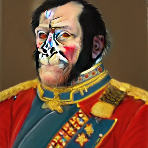 Prompt: An exquisite modern painting of a chimpanzee dressed like a bearded Napoleon with correct military uniform, no frames