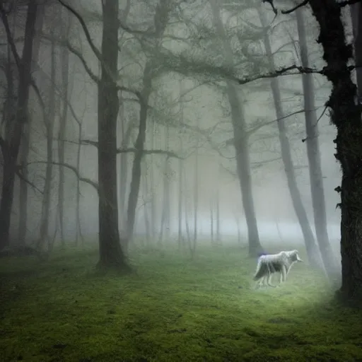 Image similar to spectral figures coming out of the fog with their pack of wolves, leaves and feathers twisted in their hair, moss growing on their clothes, destructive magic pulsing at their fingertips