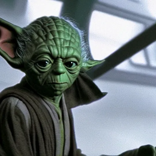 Prompt: A film still of Yoda as a sith lord wearing dark attire realistic,detailed