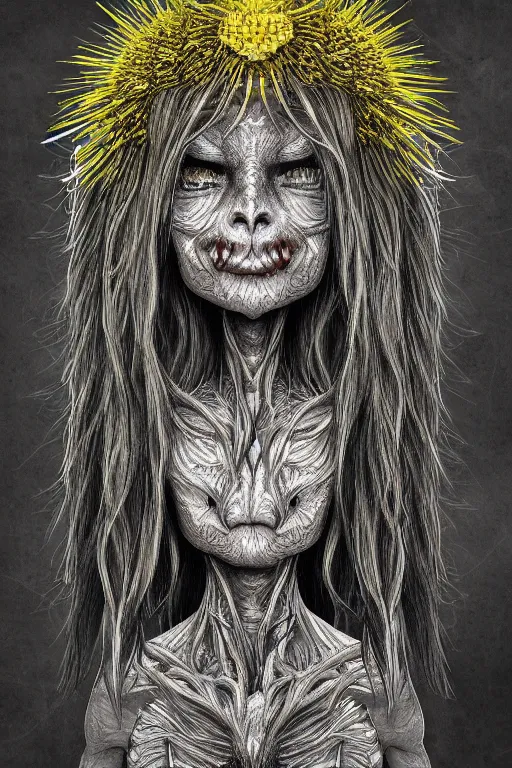 Image similar to corn dandelion humanoid figure monster, symmetrical, highly detailed, digital art, sharp focus, trending on art station, amber eyes