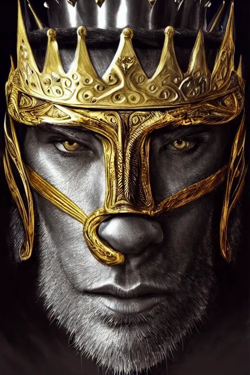 Image similar to Hyper-realistic upper-body Portrait of the King of the Desert, Warrior knight, Silver Armour and Gold Crown, Sword, handsome attractive face, beautiful face, photo realistic, dramatic lighting, majestic, trending on artstation, elegant, intricate, highly detailed, digital painting, concept art, sharp focus, illustration, art by artgerm and greg rutkowski and alphonse mucha