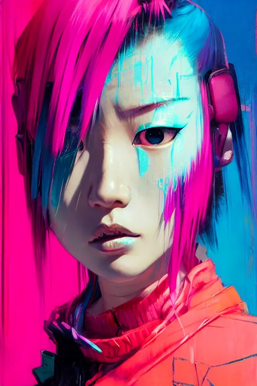 Image similar to portrait of a stylized japanese cyberpunk girl, painted in acrylic, pigment textures, in the colors hot pink and cyan, beautiful realistic face, rule of thirds, spotlight, by greg rutkowski, by jeremy mann, by francoise nielly, by van gogh, by ross tran, in focus